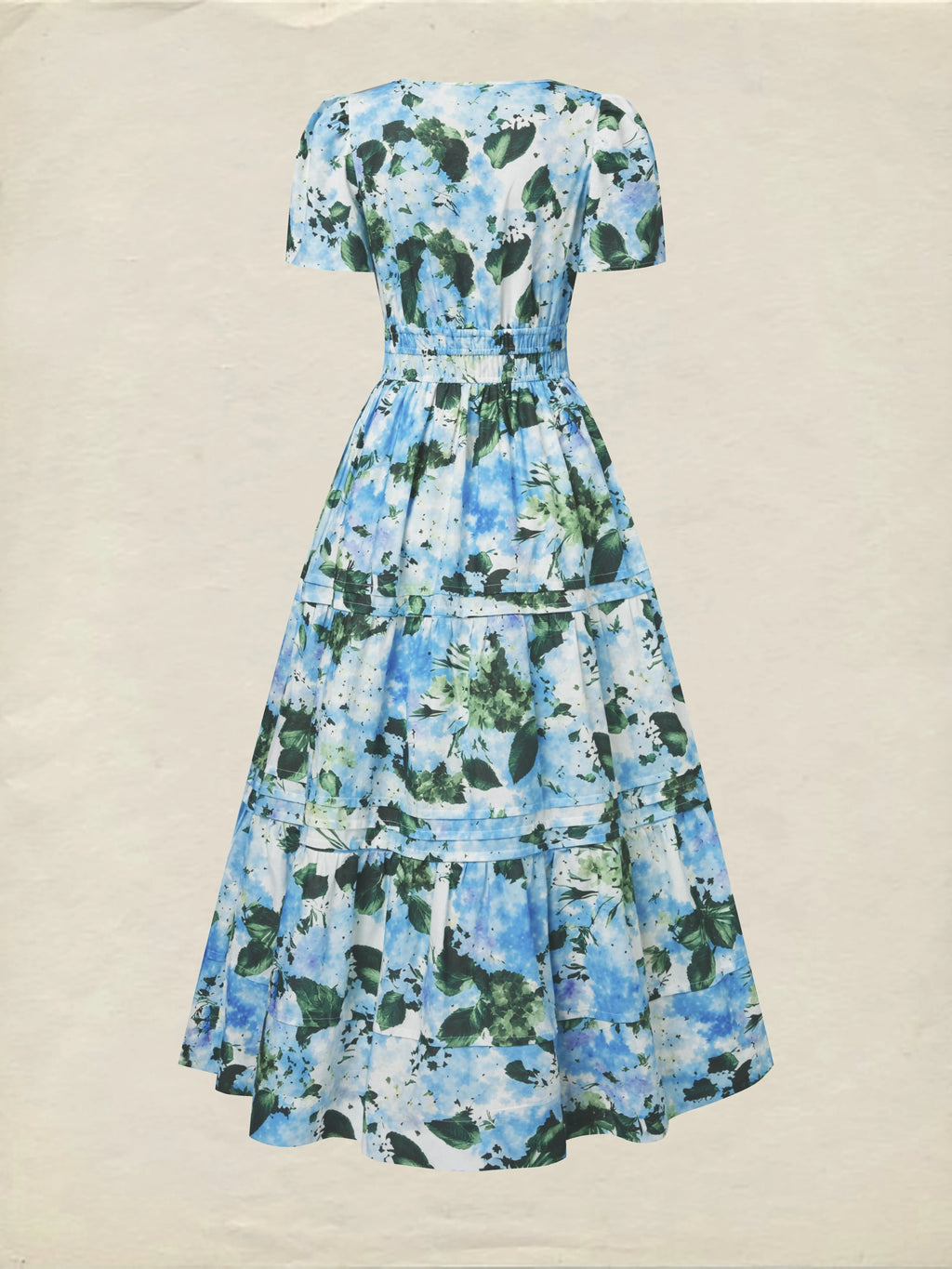 Maxi Cotton Dress, Short Sleeves, V Neck, Floral, Vintage, Blue