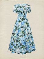 Maxi Cotton Dress, Short Sleeves, V Neck, Floral, Vintage, Blue