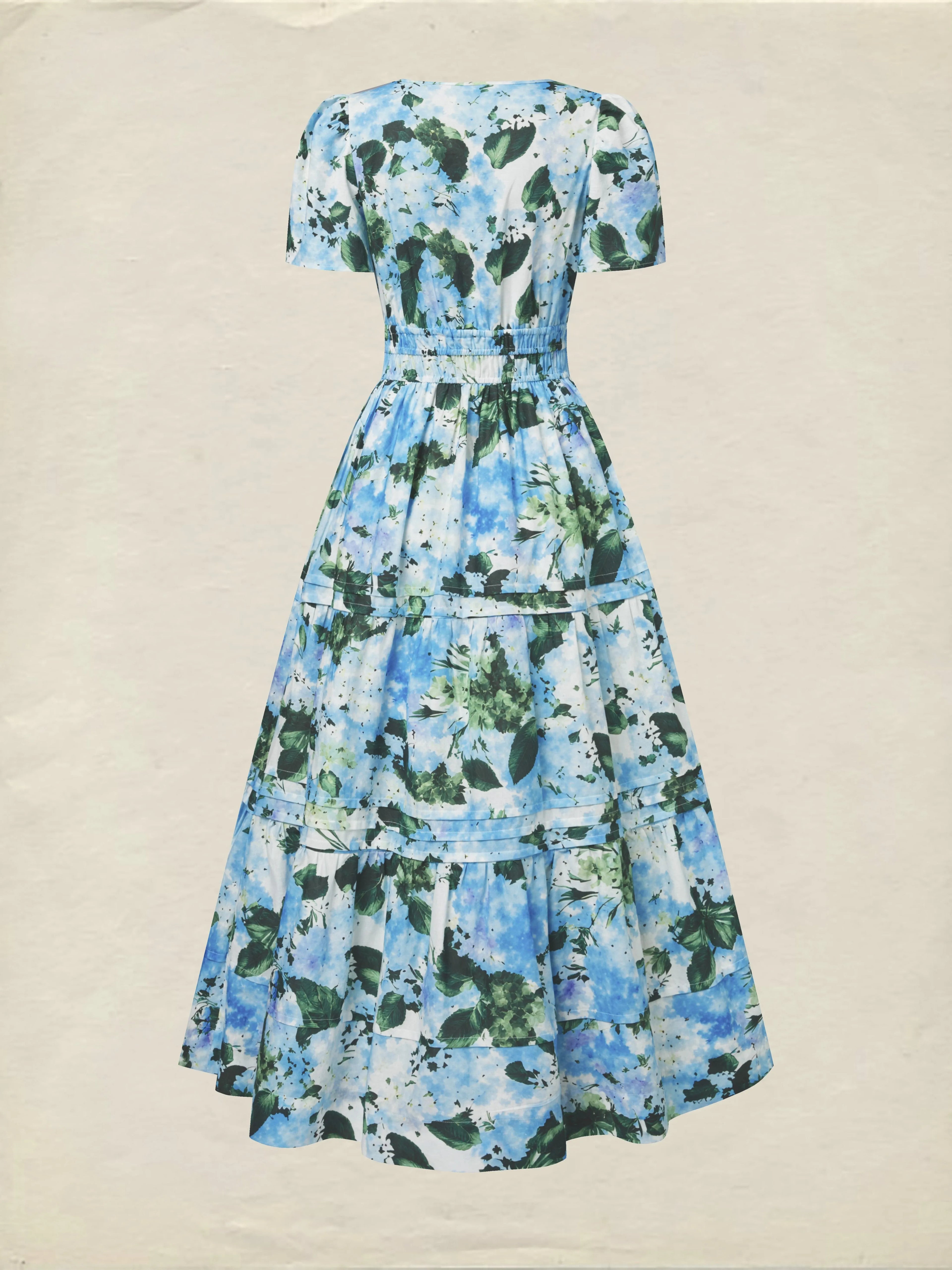 Maxi Cotton Dress, Short Sleeves, V Neck, Floral, Vintage, Blue