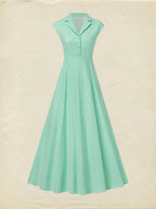 Maxi Cotton Dress , Cap Sleeves, Shawl Collar, Plain, Button Design, Vintage,  Light Green