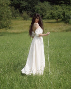 Linen Maxi Dress, Short Sleeve, Off The Shoulder, Plain, Vintage, Daily, White