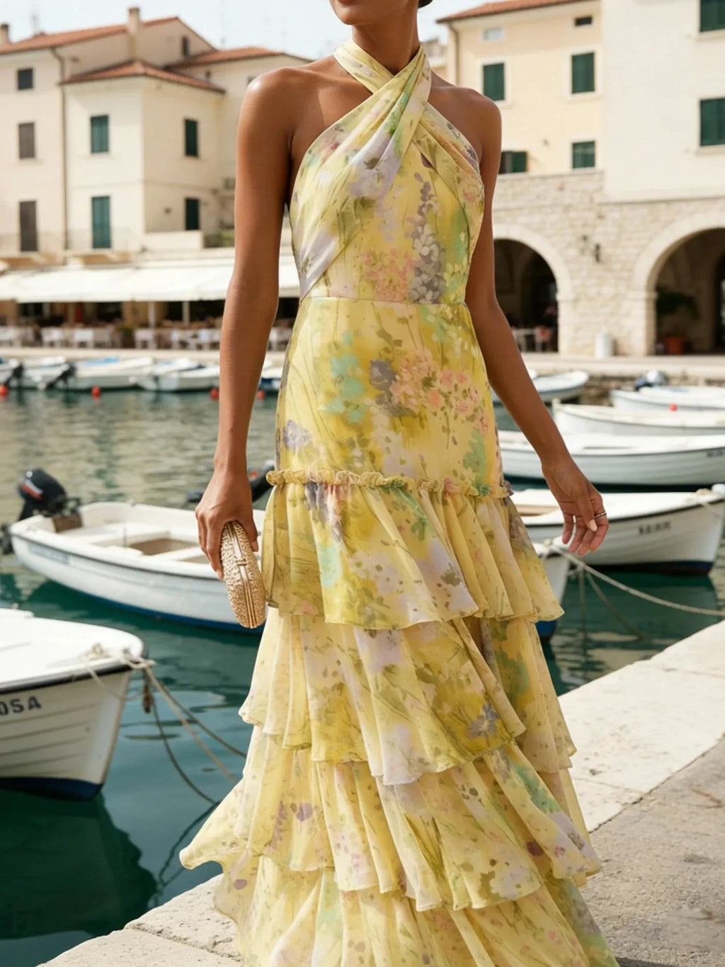 Yellow Ruffled Floral Chiffon Halter Sleeveless A-Line Maxi Dress