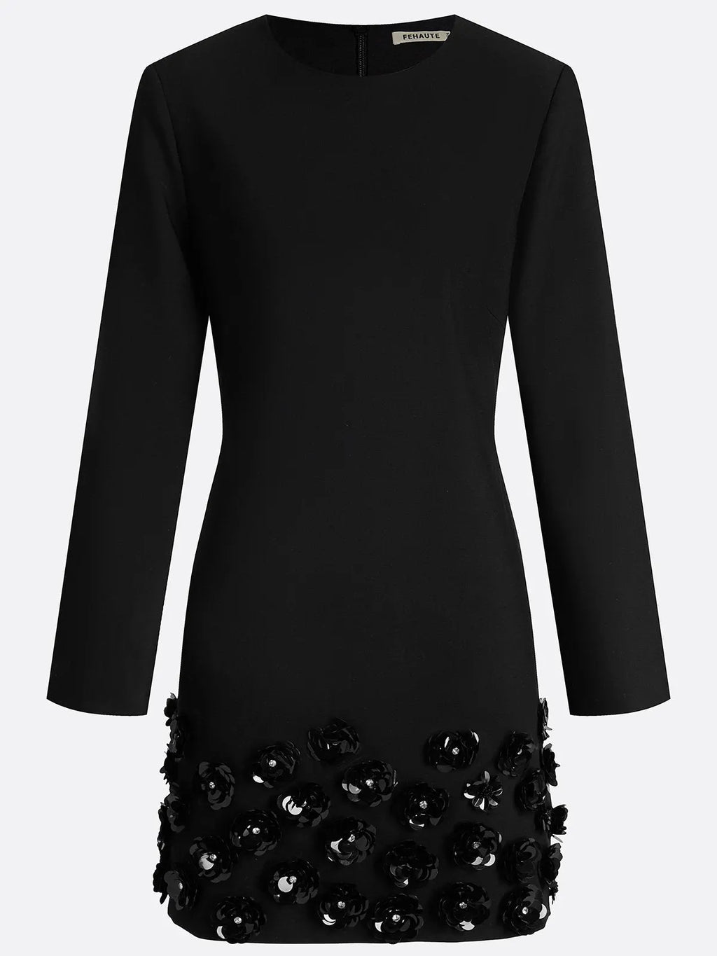 Black 3D Floral Classic Crew Neck Long Sleeve Bell Sleeve A-Line Mini Dress
