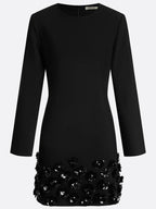 Black 3D Floral Classic Crew Neck Long Sleeve Bell Sleeve A-Line Mini Dress