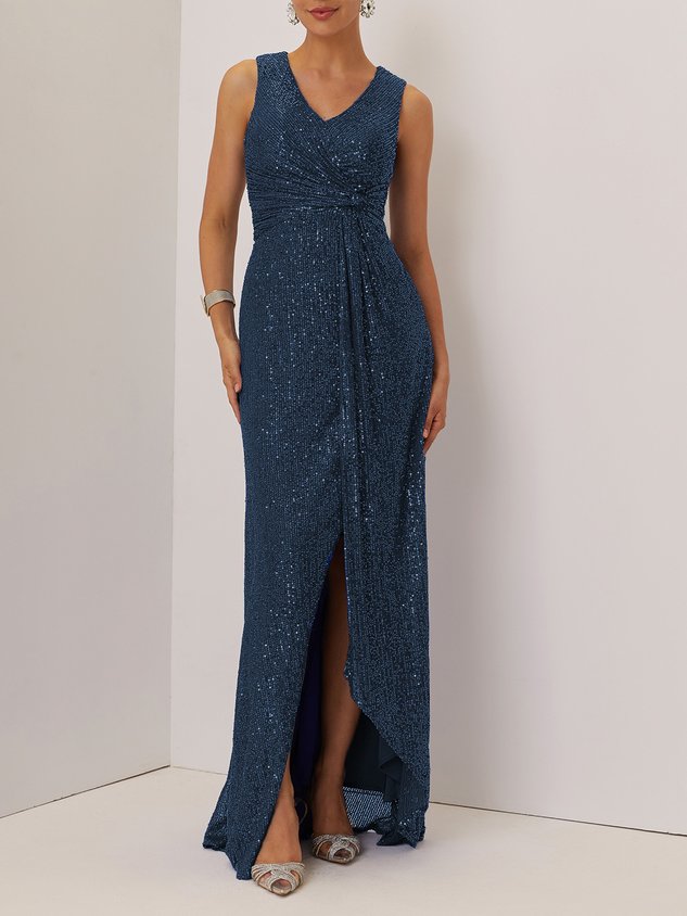 Blue Ruched Sequin V Neck Sleeveless A-Line Maxi Mother of the Bride or Groom Dress
