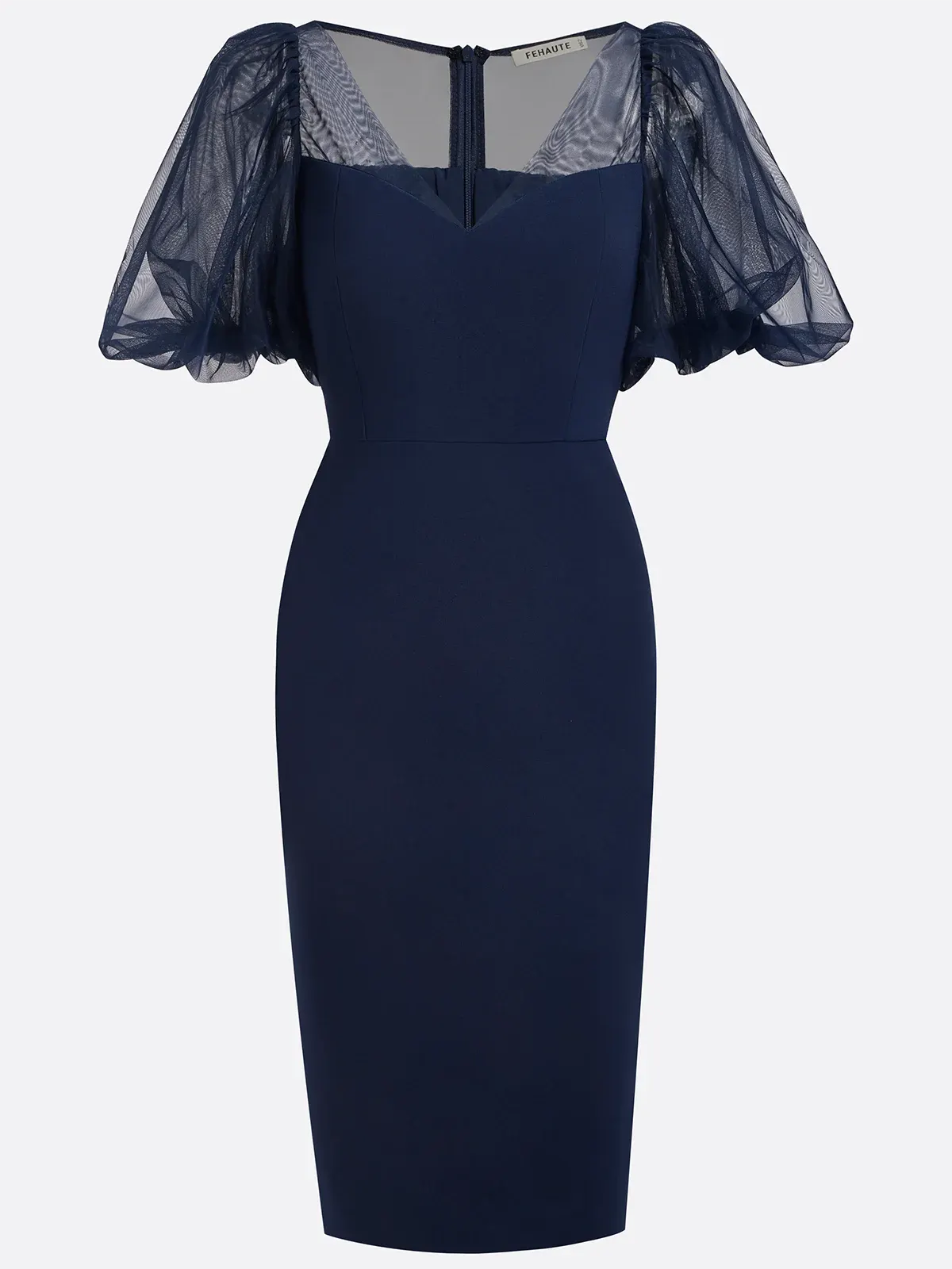 Purplish Blue Mesh Classic V Neck Short Sleeve Puff Sleeve Sheath Midi Dress