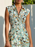 Maxi Linen Dress, Cap Sleeves, Shawl Collar, Leopard, Animal Print, Button Design, Vacation, Vintage, mint