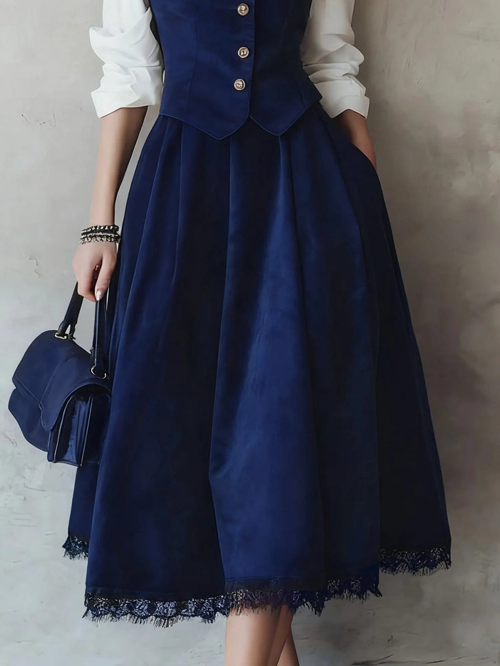 Midi Cotton Skirt (Shirt and Vest Not Included), Plain, Pocket Design, Vintage, Green