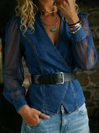 Women's Fashionably Elegant, Slim-fitting Denim Jacket With Organza Sleeves