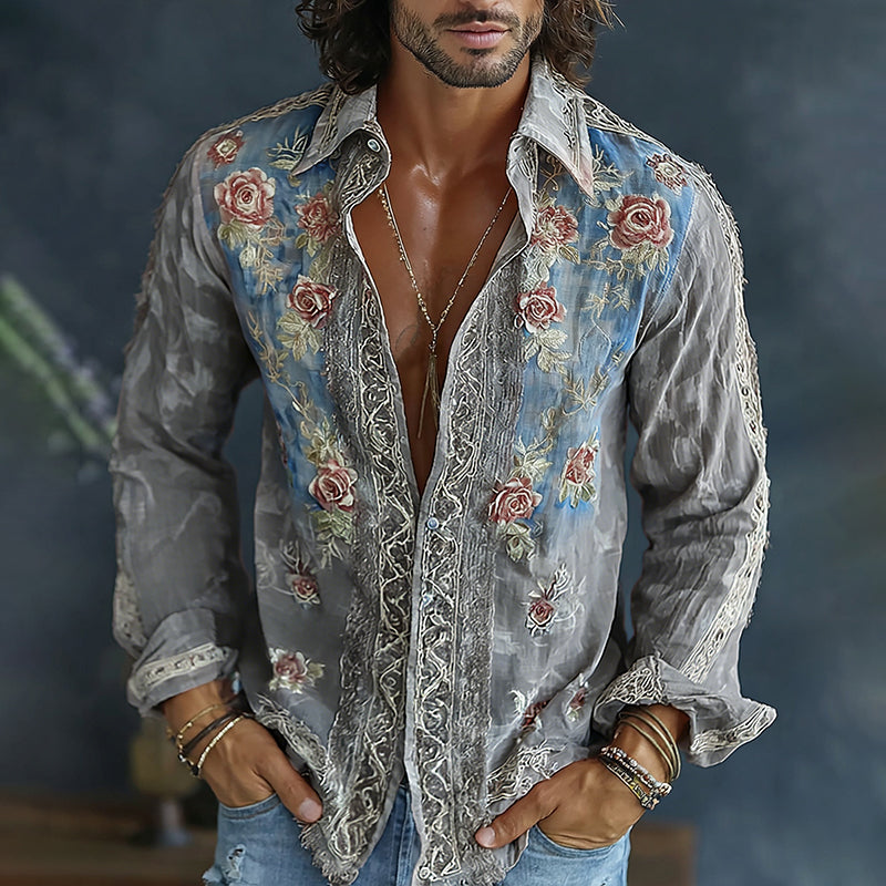 Men's Spring Floral Embroidered Art Print Flowy Linen Blend Casual Shirt