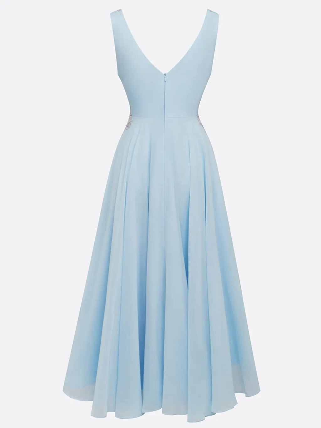Light Blue Sequin Lace Asymmetric Chiffon V Neck Sleeveless A-Line Maxi Dress