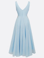 Light Blue Sequin Lace Asymmetric Chiffon V Neck Sleeveless A-Line Maxi Dress