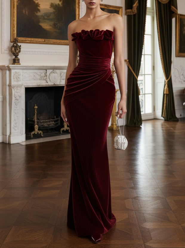 Wine Red 3D Floral Velvet Strapless Sleeveless Sheath Gown Dress