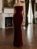 Wine Red 3D Floral Velvet Strapless Sleeveless Sheath Gown Dress