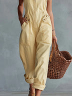 Casual Retro Square Neck Front Zipper Light Yellow Denim Jumpsuit