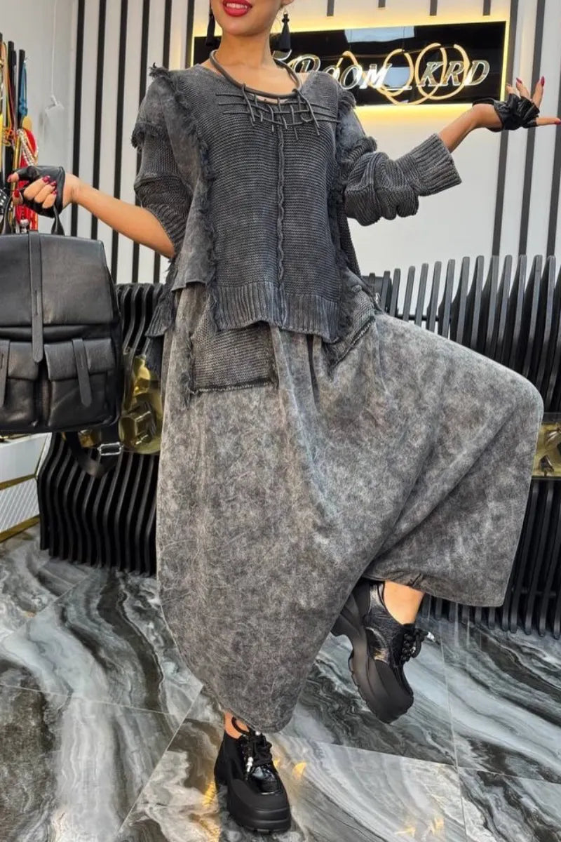 Frayed Knit Top & Drop‐Crotch Harem Pants Outfit