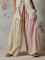 Linen Blend Sleeveless Vest & Two-Tone Striped Wide-Leg Pants Set
