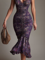 Retro Ruched Ruffle-Sleeve Fishtail Midi Dress