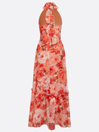 Orange Red Floral Bow Chiffon Halter Sleeveless A-Line Maxi Dress