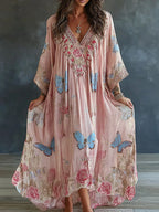 Women's Floral And Butterfly Art Print Flowy Linen Blend Casual Maxi Dress