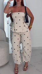 Women's Polka-Dot Strapless Top & Cropped Wide-Leg Pants Two-Piece Set