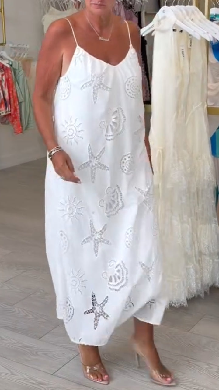 Ocean Motif Eyelet Spaghetti Strap Midi Dress