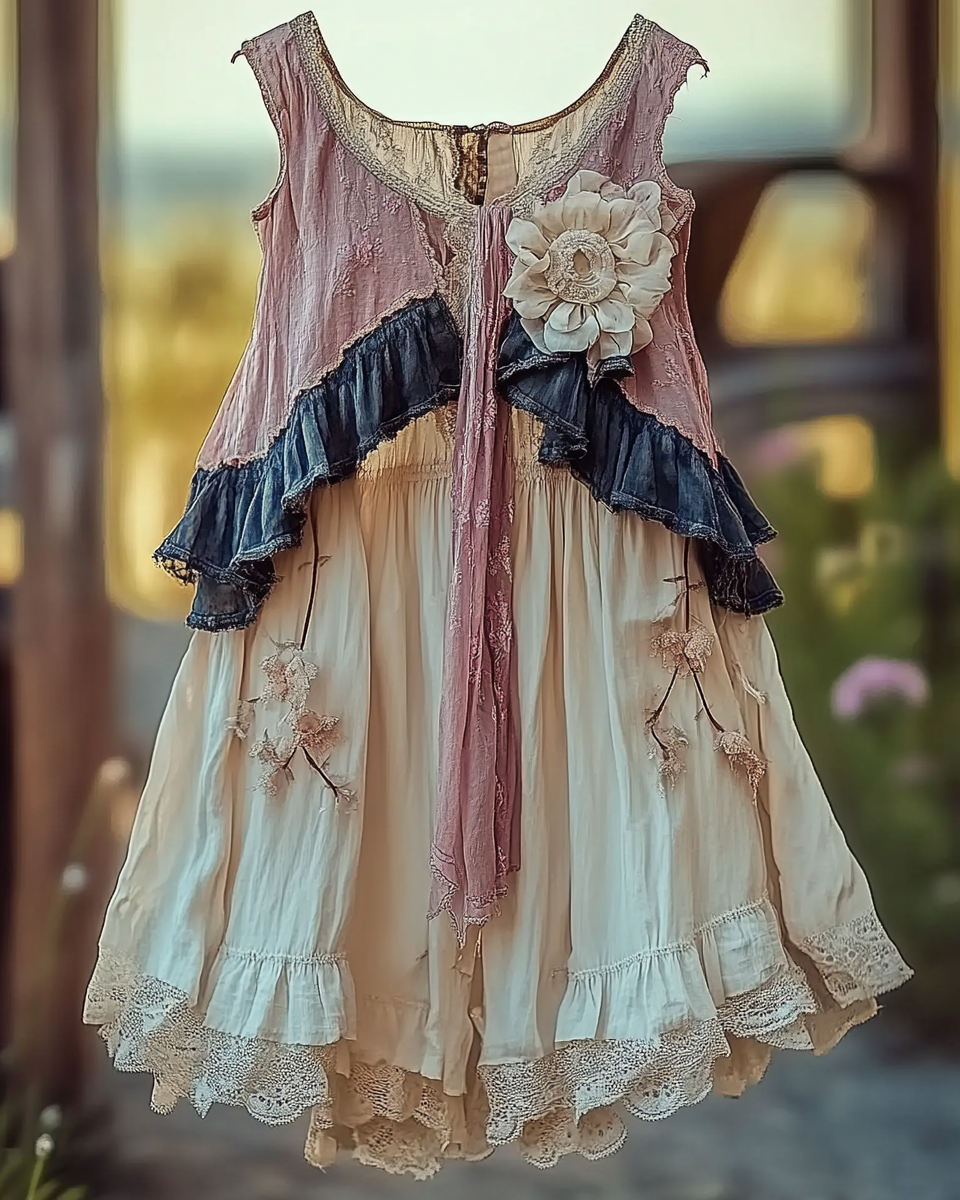 Summer Vacation Ruffle Lace Contrast Color Denim Patchwork Top 7c8a