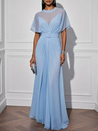 Light Blue Ruched Chiffon Crew Neck Short Sleeve A-Line Maxi Dress