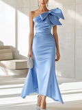 Blue Satin Dress with Shoulder Bow Detail