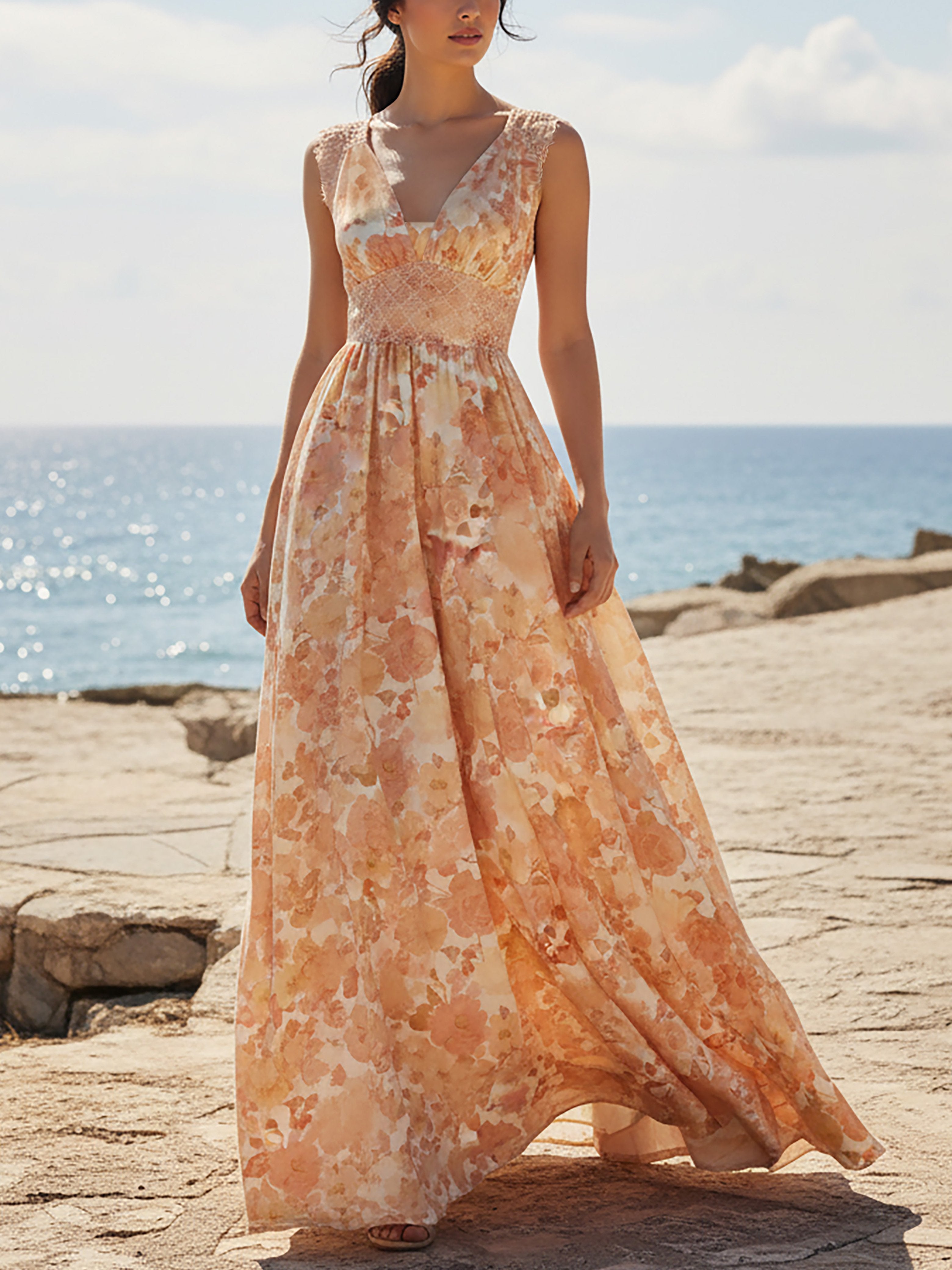 Maxi Linen Dress, Sleeveless, V Neck, Floral, Lace, Vacation, Vintage, Light Orange