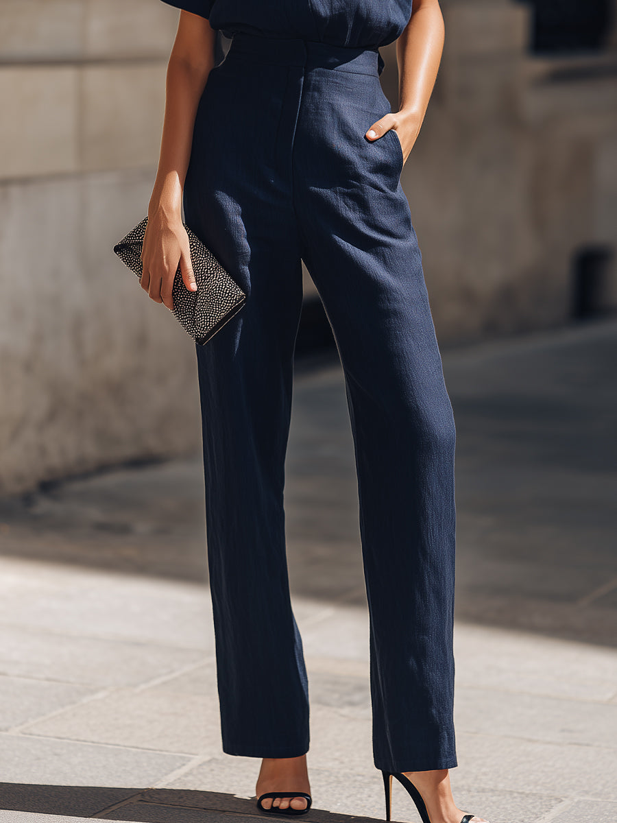Short Sleeve Button-Up Blouse And Tailored Straight-Leg Trousers Set
