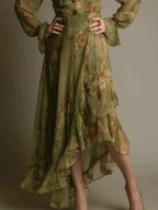 Vintage Romantic Boho Green Ruffle Hem  Maxi Dress
