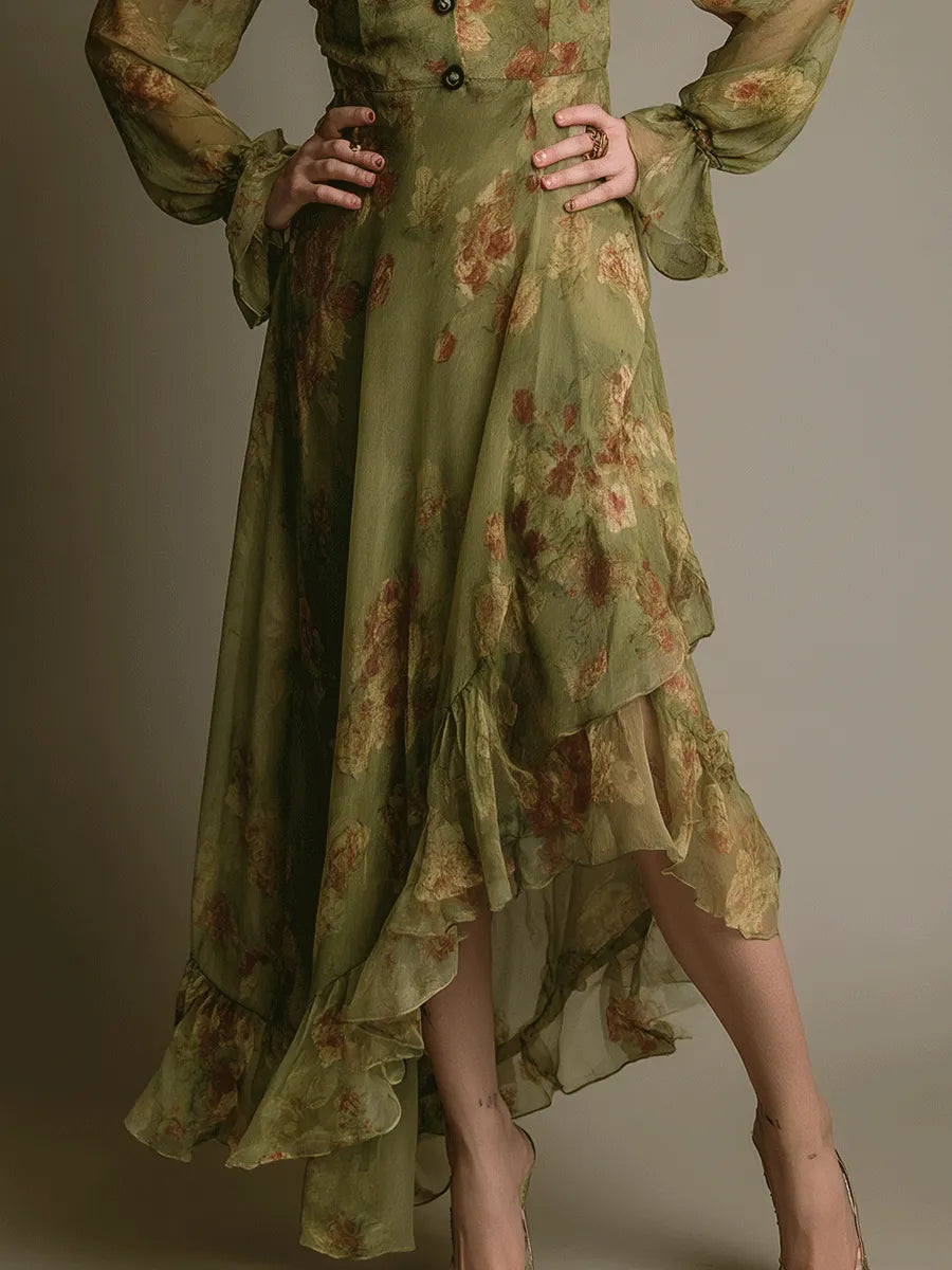 Vintage Romantic Boho Green Ruffle Hem  Maxi Dress