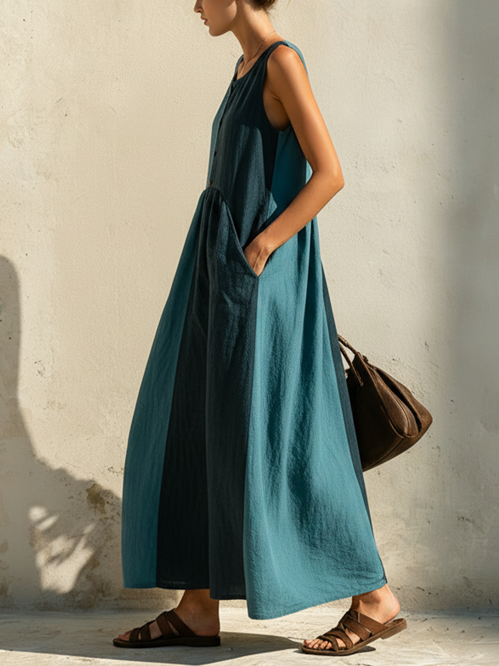 Teal Color Block Sleeveless Linen-Blend Maxi Dress