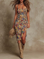 Boho Floral Ruched Midi Dress
