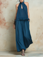 Teal Tencel Denim Halter Ruffle Top & Wide Leg Pants Set | Boho Relaxed Two-Piece Outfit