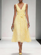 Light Blue Bow Embroidery Classic V Neck Sleeveless A-Line Midi Dress With Pockets
