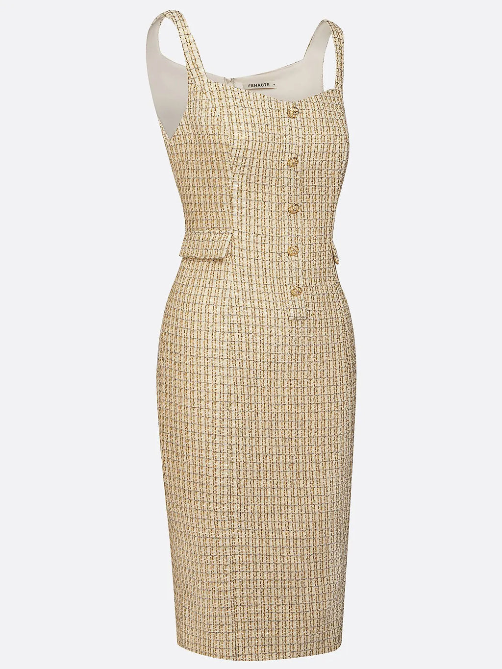 Golden Buckle Pocket Stitching Tweed Spaghetti Sleeveless Sheath Midi Dress