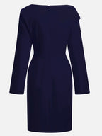 Purplish blue Bow Ruched Classic Boat Neck Long Sleeve Sheath Midi Dress