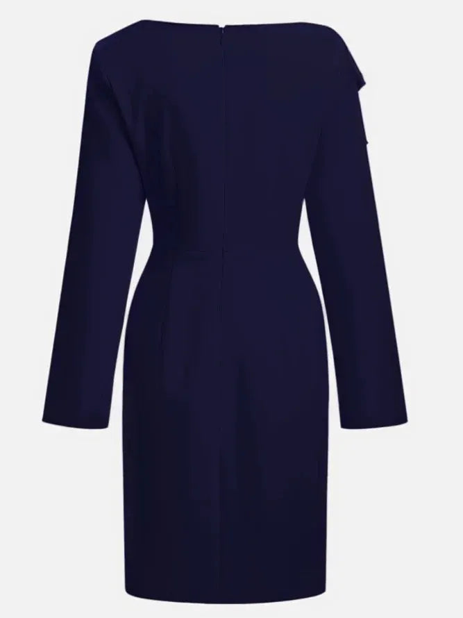 Purplish blue Bow Ruched Classic Boat Neck Long Sleeve Sheath Midi Dress