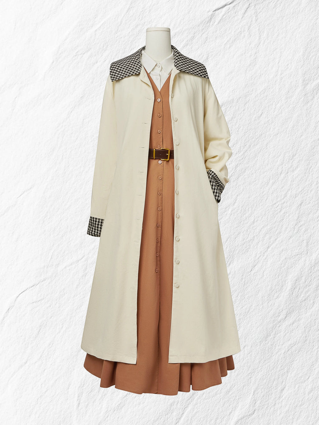 Maxi Linen Dress Set & Shirt, Long Sleeves, Shawl Collar, Plain, Button Design, French Vintage, Light Brown