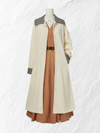 Maxi Linen Dress Set & Shirt, Long Sleeves, Shawl Collar, Plain, Button Design, French Vintage, Light Brown