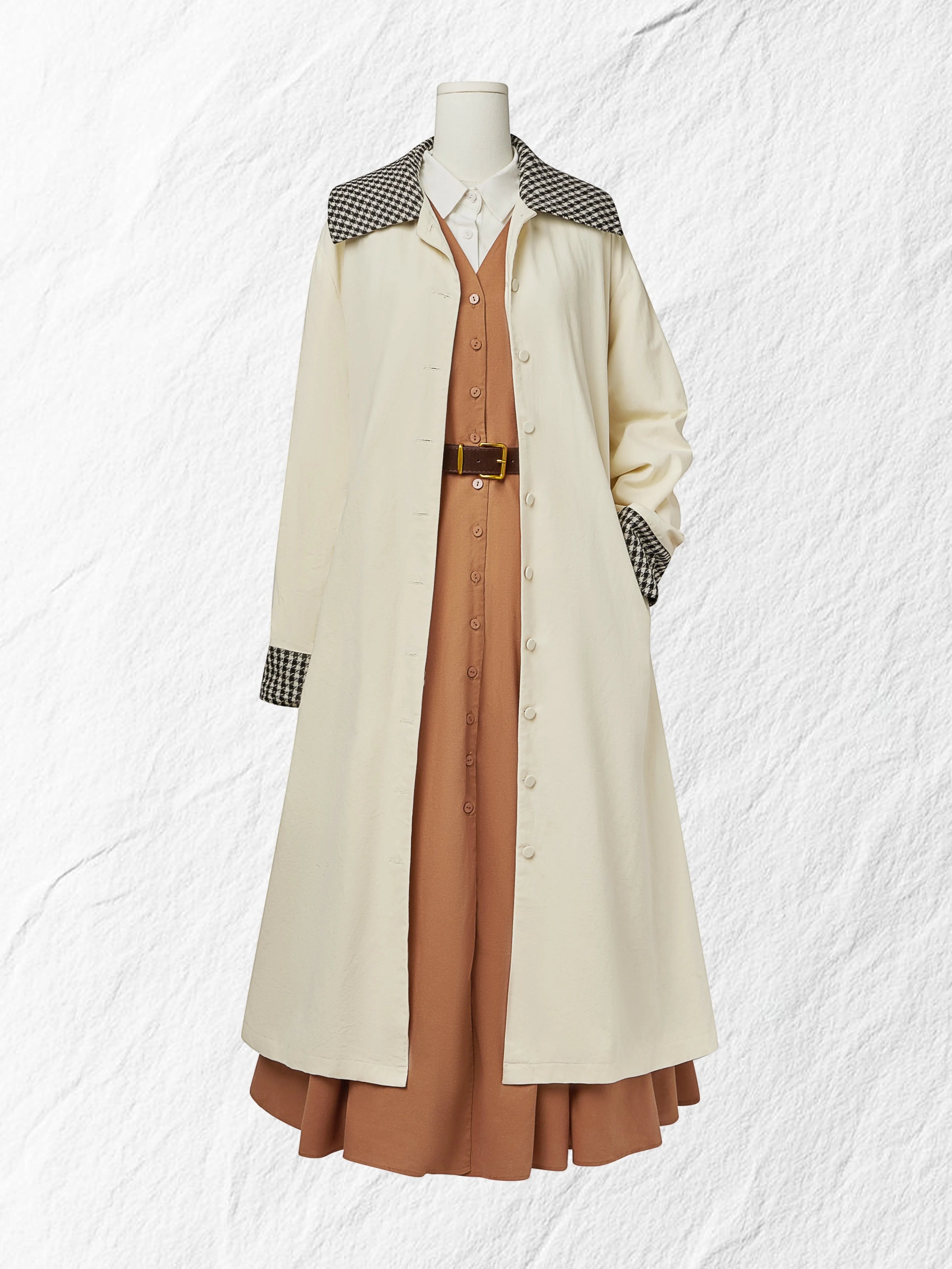 Maxi Linen Dress Set & Shirt, Long Sleeves, Shawl Collar, Plain, Button Design, French Vintage, Light Brown