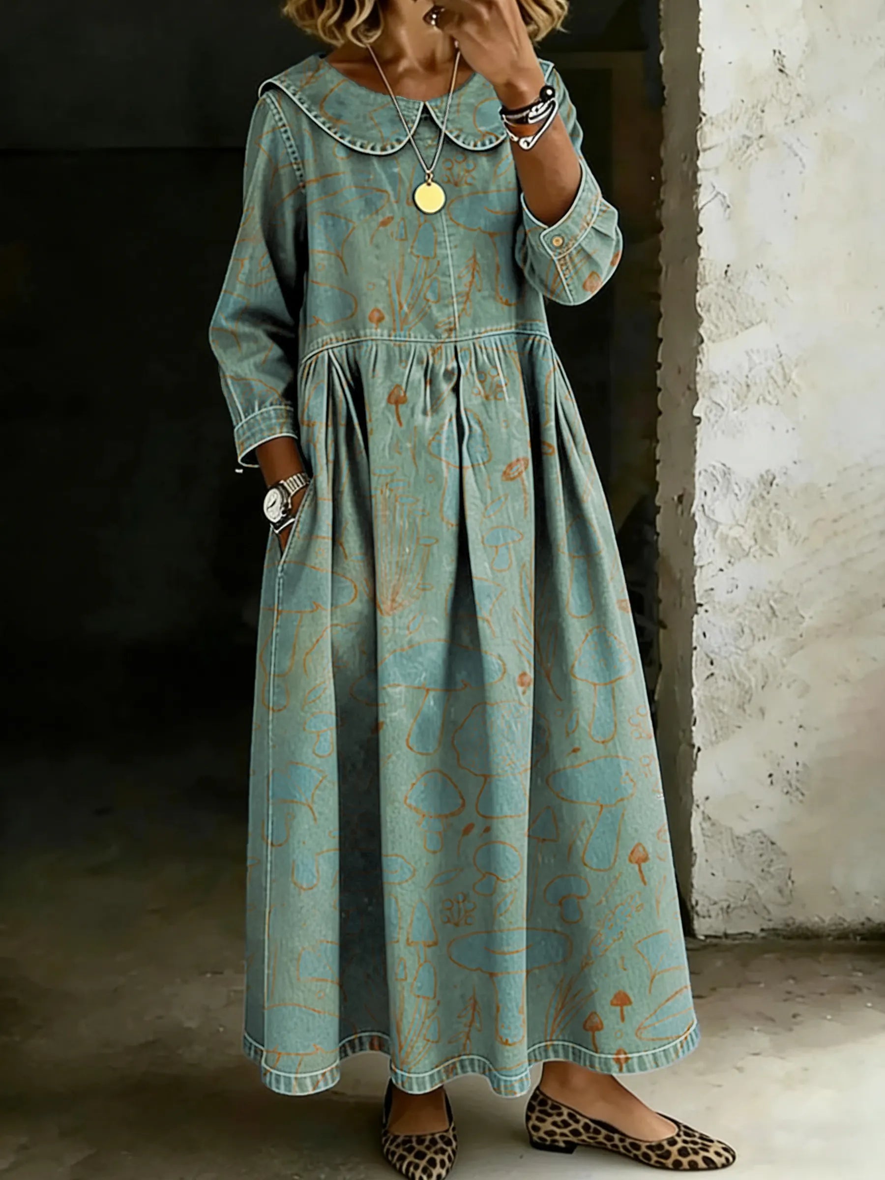 Women's Retro Splicing Long-sleeved Loose-fitting Casual Denim Dress