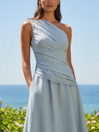 Midi Cotton Dress, Sleeveless, One Shoulder, Plain, French Vintage, Blue