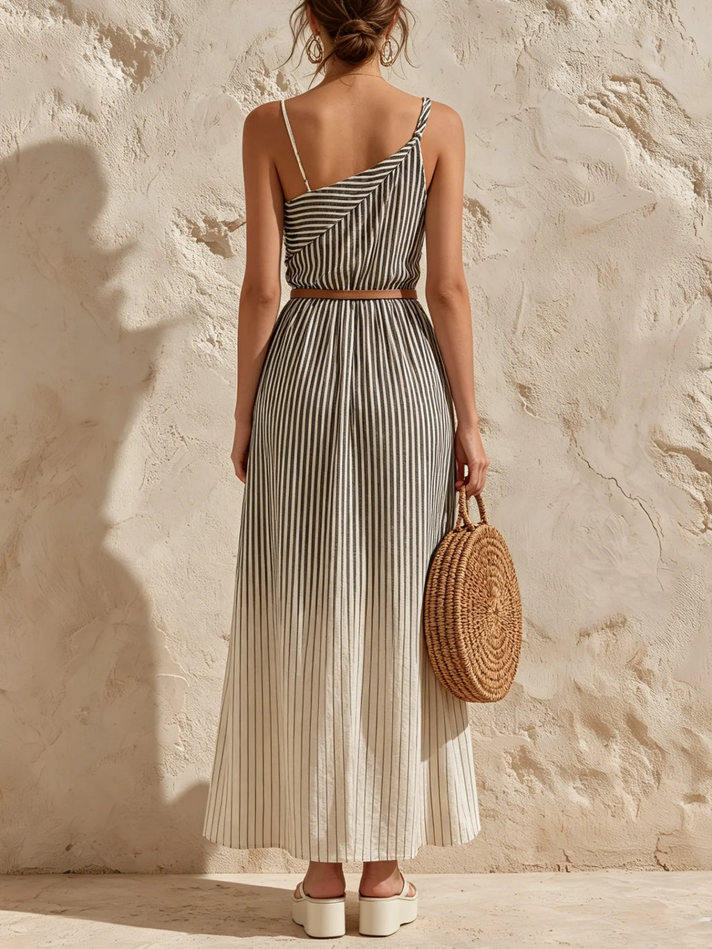 Asymmetrical Stripe Ombre Maxi Dress With Leather Belt