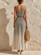 Asymmetrical Stripe Ombre Maxi Dress With Leather Belt