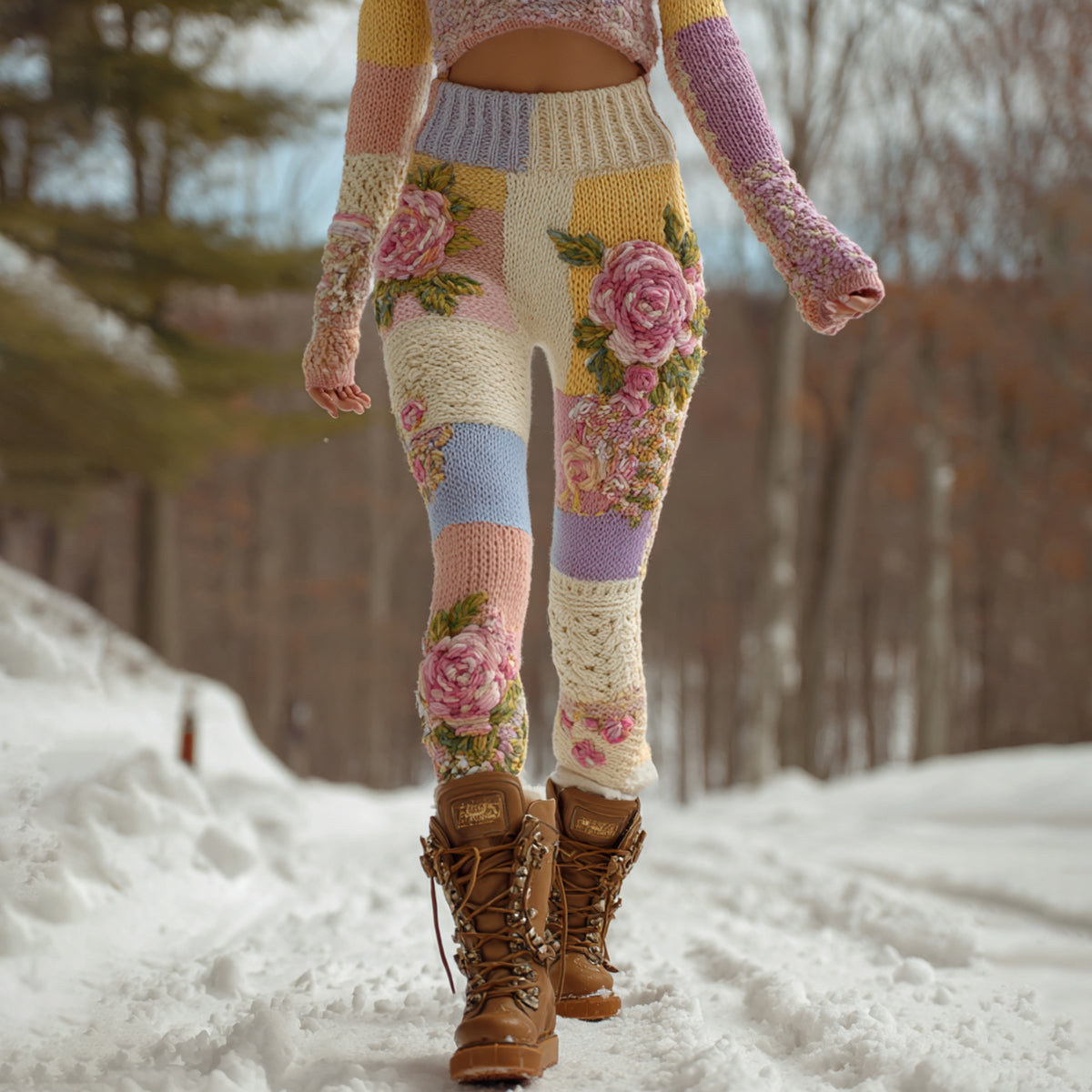 Women's Vintage Floral Art Patchwork Cozy Knit Leggings