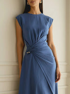 Midi Linen Dress, Cap Sleeves, Round Neck, Plain, French Vintage, Deep Blue