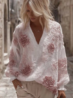 Women's Floral Embroidery Linen V-neck T-shirt
